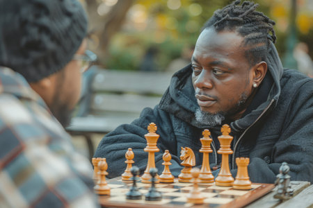 a man playing chess with a friend in the park, with focused expressions and strategic thinking, illustrating outdoor leisure and mental challenges.の素材