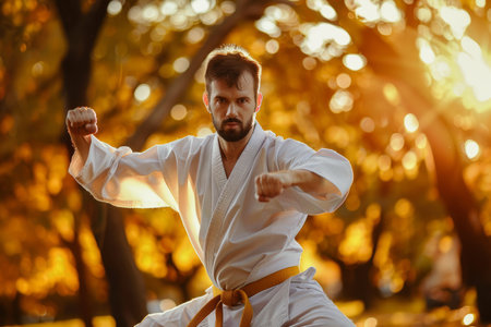 a man practicing martial arts in a park, with focused expressions and dynamic movements, promoting physical fitness and discipline.の素材