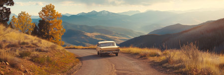 a scenic road trip through the mountains with a vintage car and breathtaking viewsの素材