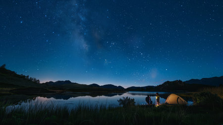 Camping on the lake at night with starry sky and milky wayの素材