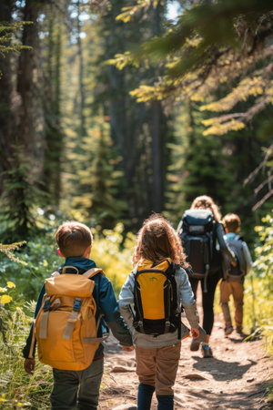 a family exploring a national park with backpacks, enjoying the scenic trails and wildlifeの素材