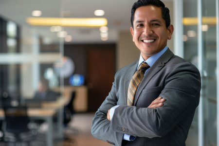 a Latino businessman showing optimism and professionalism in a sleek, modern office setting.の素材