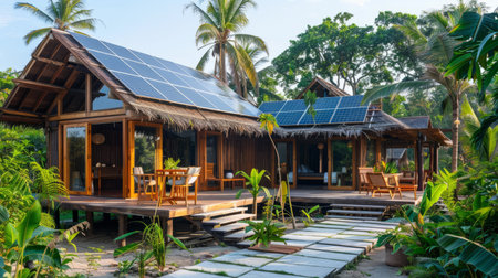 a solar-powered eco-resort with guests relaxing in sustainable luxuryの素材
