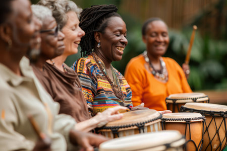 a multicultural drumming circle with participants playing various drumsの素材
