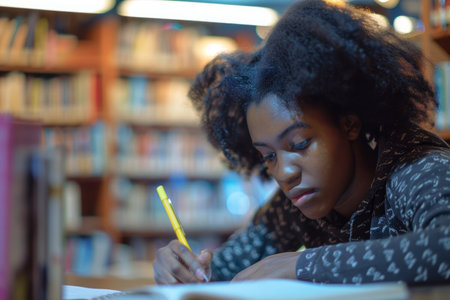 a person studying in a cozy library corner, with books, notes, and focused expressions, promoting education and quiet environments.の素材