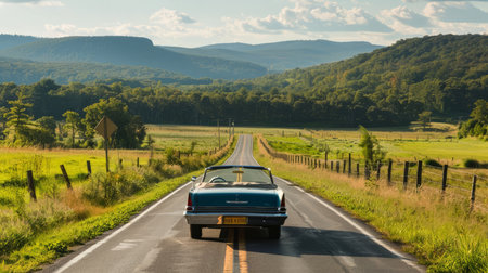 Vintage car driving on a country road in the summertime.の素材