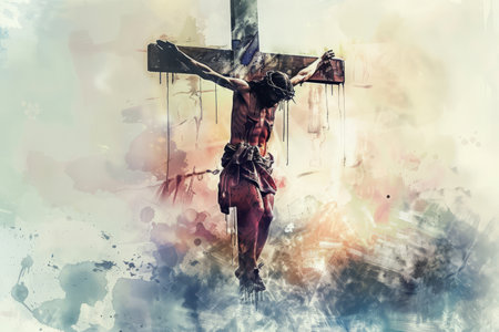 Jesus on the Cross during the Crucifixion, depicted in a digital watercolor painting.の素材