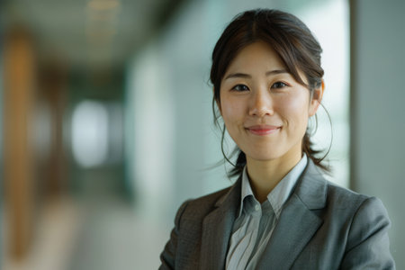 a Japanese businesswoman standing tall, radiating pride and happiness in her position.の素材