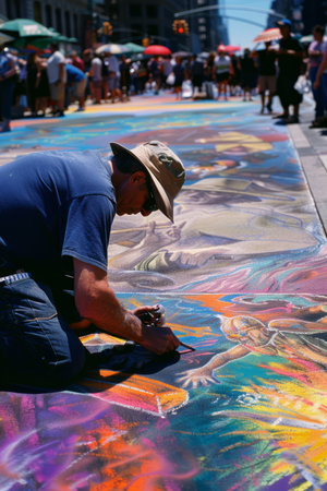 an artist creating a large chalk mural on a city sidewalkの素材