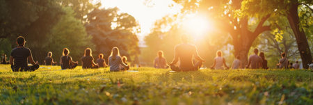 a sunrise meditation session in a serene park with diverse participantsの素材