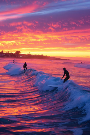 a sunset surf session with surfers riding waves and colorful skiesの素材