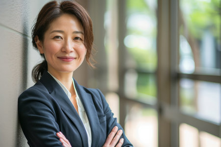 a Japanese businesswoman radiating pride and happiness, standing confidently in her professional role.の素材