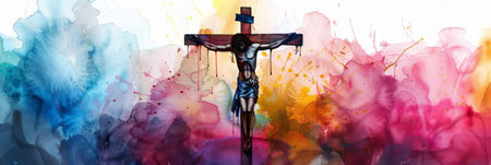 Jesus Christ crucified on the cross. Colorful watercolor backgroundの素材