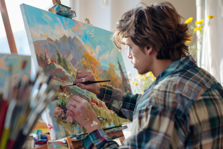a person painting a landscape in a bright art studio, with brushes, canvas, and focused expressions, illustrating artistic talent and creativity.の素材