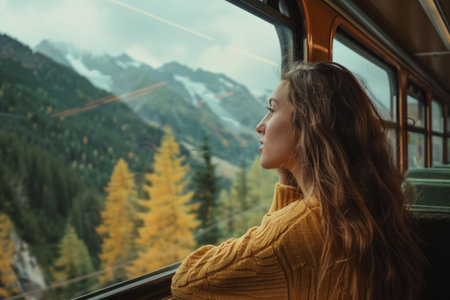 a woman enjoying a scenic train ride through the mountains, with panoramic windows and beautiful views, emphasizing travel and relaxation.の素材
