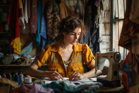 a woman using a sewing machine to make clothing, surrounded by fabrics and tools, illustrating creativity and craftsmanship.の素材