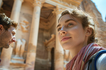 a young couple exploring a historical city, with ancient architecture, informative guides, and engaged expressions, highlighting educational travel and adventure.の素材