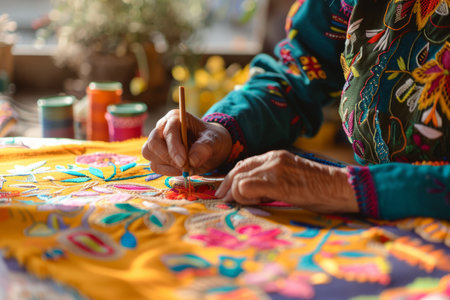 a woman practicing embroidery at a sunlit table, with colorful threads and patterns, illustrating craftsmanship and creative hobbies.の素材