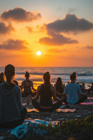 Group of women practicing yoga on the beach at sunset. Healthy lifestyle concept.の素材