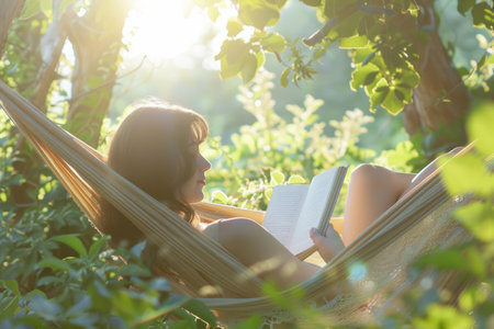 a young woman reading a book in a hammock, with sunlight and greenery, illustrating relaxation and connection with nature.の素材