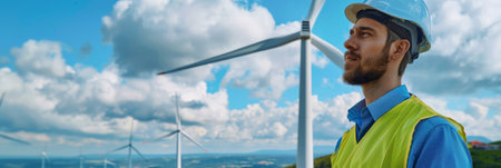Portrait of a male engineer in a protective helmet on a background of wind turbines.の素材
