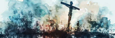 The Death of Jesus on the Cross captured in a digital watercolor style.の素材