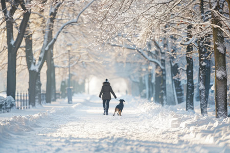 a person walking a dog in a snowy park, with snow-covered trees and winter clothing, highlighting seasonal outdoor activities and pet care.の素材