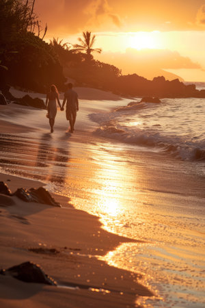a serene beach at sunset with a couple walking hand-in-hand along the shoreの素材