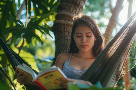 a young woman reading a book in a hammock, with sunlight and greenery, illustrating relaxation and connection with nature.の素材