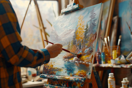 a person painting a landscape in a bright art studio, with brushes, canvas, and focused expressions, illustrating artistic talent and creativity.の素材