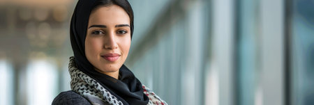 an Arabian businesswoman exuding confidence and happiness in her portrait, embodying alignment with her company's vision of excellence and success.の素材