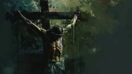 Jesus Christ crucified in the cross. Conceptual image of Jesus Christ.の素材