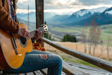 a person playing the guitar on a rustic porch, with mountains in the background, illustrating music and connection with nature.の素材
