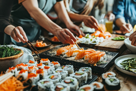 friends having a sushi-making party at home, with ingredients and happy faces, highlighting culinary activities and social interaction.の素材