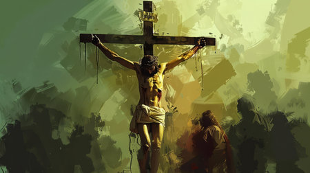 Jesus Christ crucified on the cross. Digital painting. 3D illustration.の素材