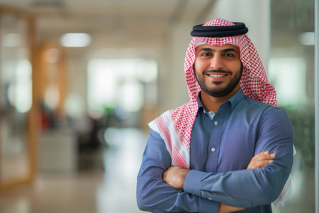 an Arabian businessperson exuding a positive and professional demeanor in a startup office setting.の素材
