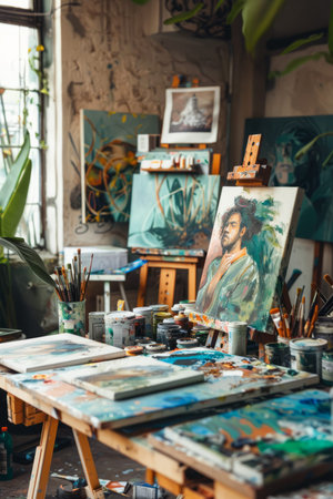 Artist's studio with paintbrushes, palette, oil paints, palette, brushes, canvas. Art conceptの素材