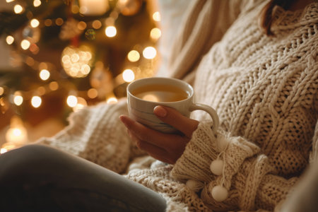 a person enjoying a quiet moment with a cup of tea in a cozy armchair, with soft lighting and a peaceful atmosphere, promoting relaxation and leisure.の素材