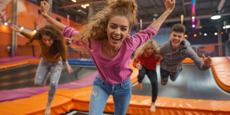 friends having a fun day at a trampoline park, with jumps, flips, and joyful faces, capturing active lifestyles and social fun.の素材