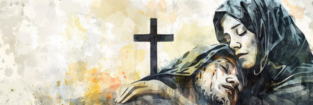 Mother Mary holding Christ's body, representing the Sixth Sorrow. A watercolor cross is seen in the background. Digital illustration.の素材