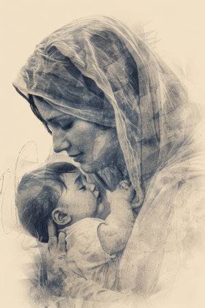 Digital drawing of Mother Mary and baby Jesus on a neutral background, highlighting motherhood.の素材