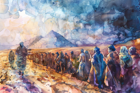 Exodus from Egypt. Exodus 12:40. Old Testament. Watercolor Biblical Illustrationの素材