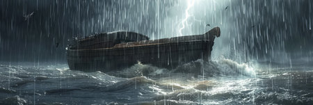 Noah's Ark navigating through the pouring rain amidst the floodwatersの素材