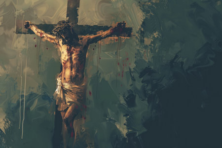 Crucifixion of Jesus Christ in the dark with blood on his body.の素材