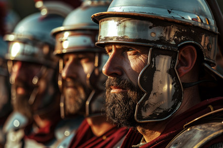 Photorealistic portrait of Roman soldiers in armor. Biblical character. Historical character.の素材