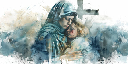 Digital illustration of the Sixth Sorrow: Mother Mary cradling Christ with a watercolor cross behind them.の素材