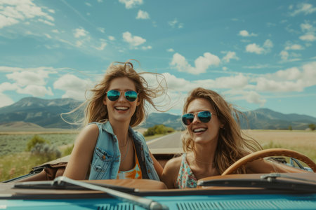 friends taking a road trip in a convertible, with smiles and scenic landscapes, highlighting adventure and friendship.の素材