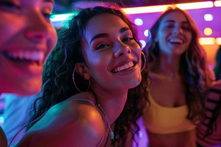 friends having a fun night out at a bowling alley, with bowling balls, pins, and cheerful expressions, capturing social activities and entertainment.の素材