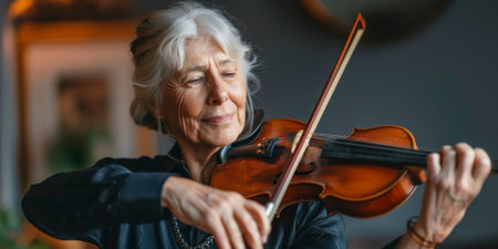 a Caucasian retired woman learning to play the violinの素材