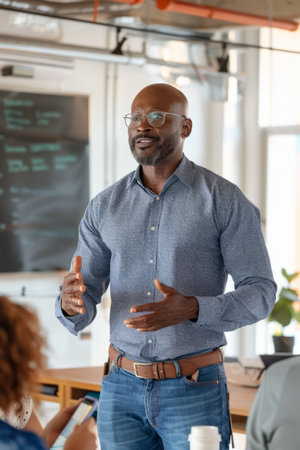 a Black business coach conducting a leadership training session in a modern officeの素材